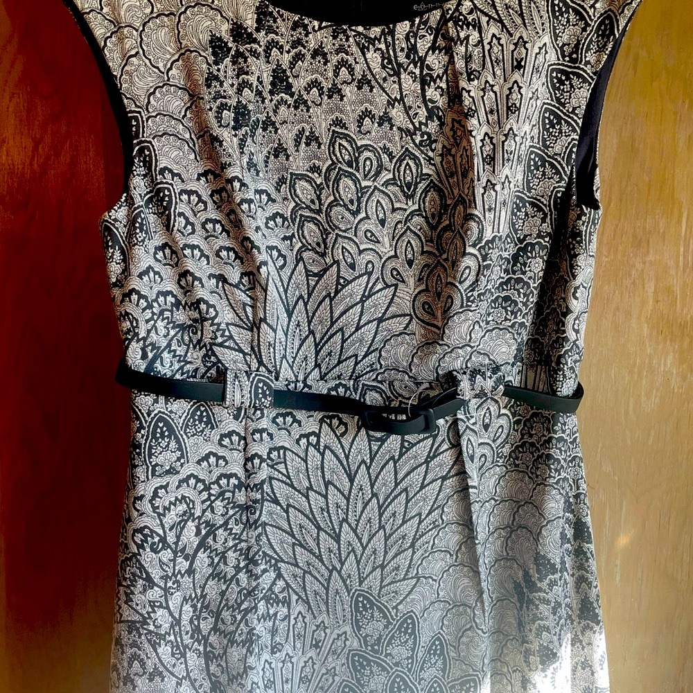 Brand New dress in black and white pattern. Black belt, slight cap sleeve.